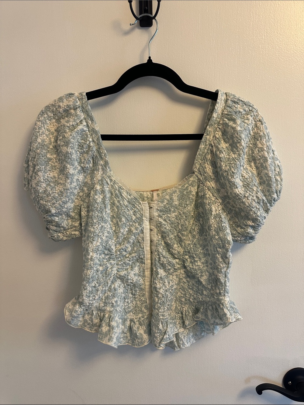 Free People Light Blue Floral Puff-Sleeve Square Neck Blouse